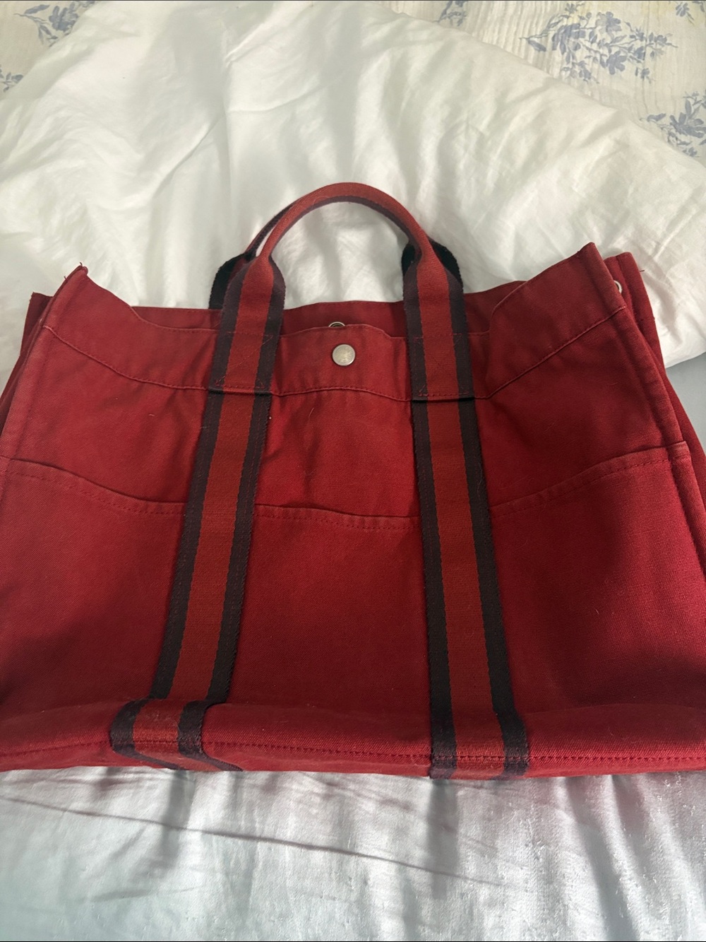 Hermes Red Canvas Tote Bag with Black Stripe Handles
